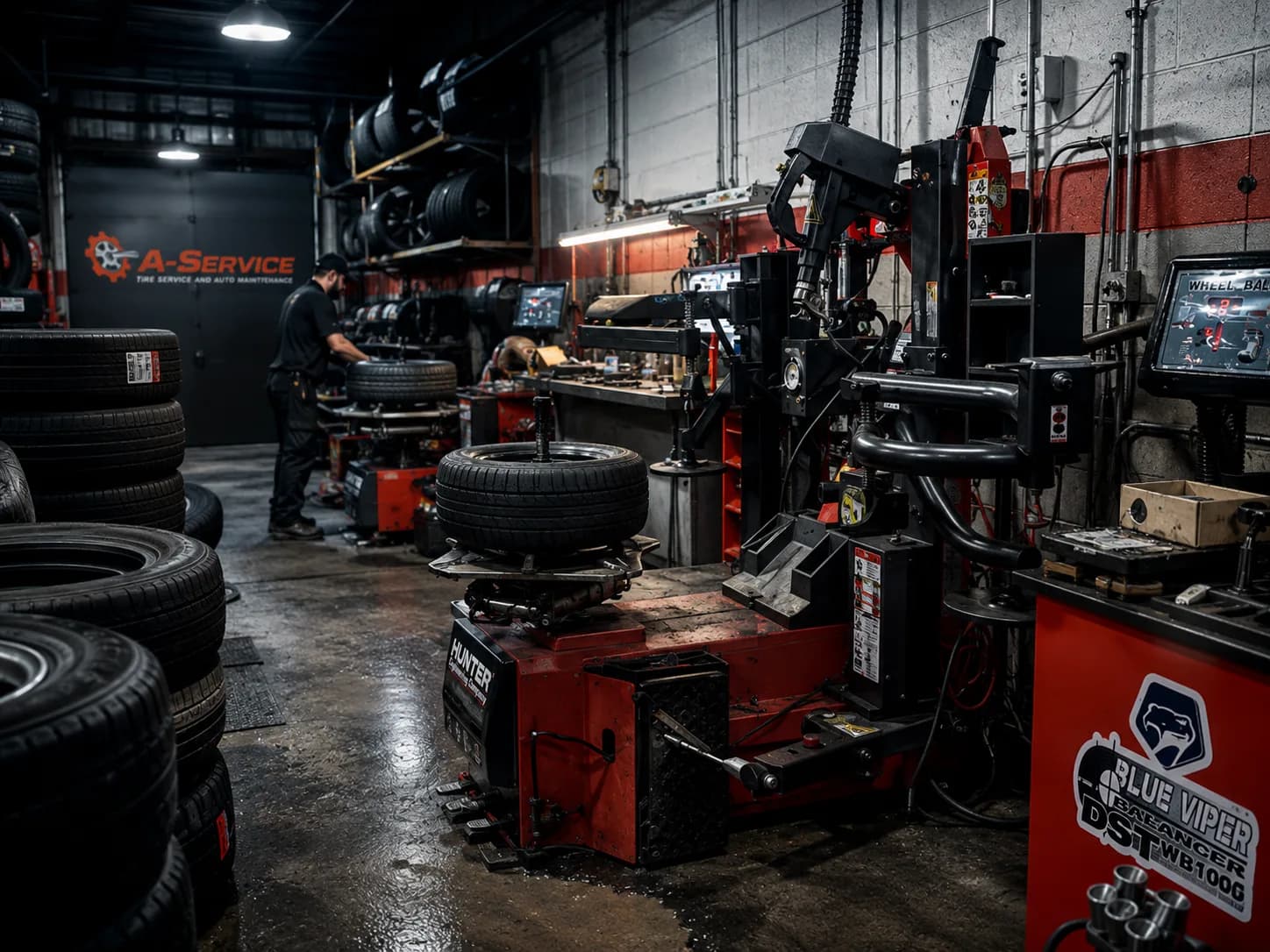 A-Service tire bay with wheel balancer and stacked tires